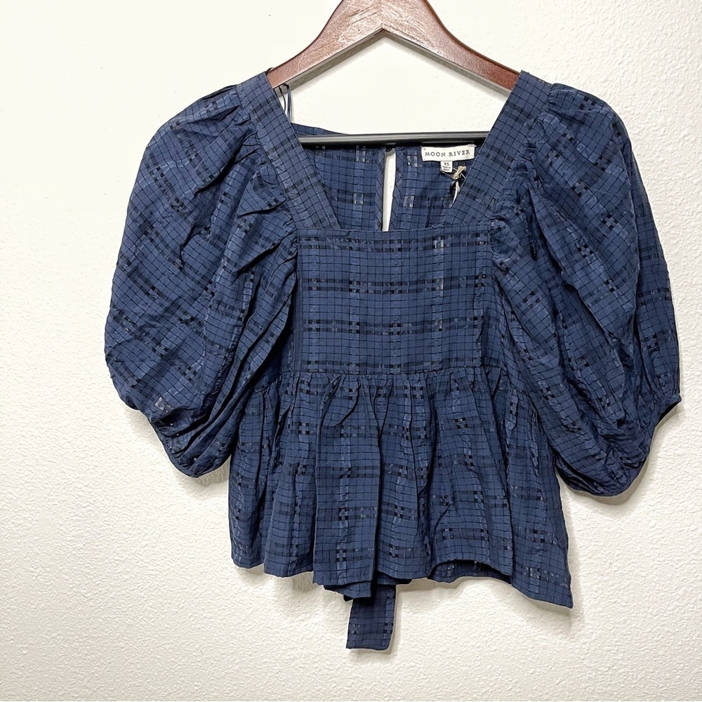 Moon River Square neck puff sleeve navy blue babydoll top XS NWT - Picture 9 of 11